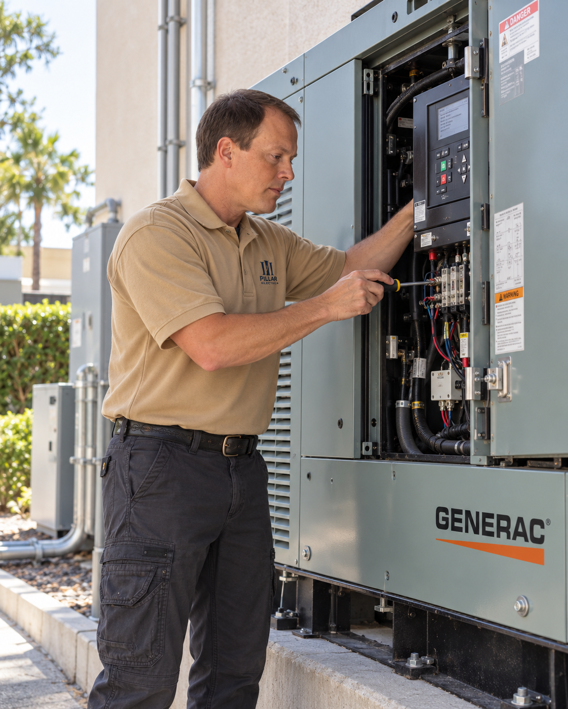 Illustrative image of a Pillar Electric technician working at a standby generator